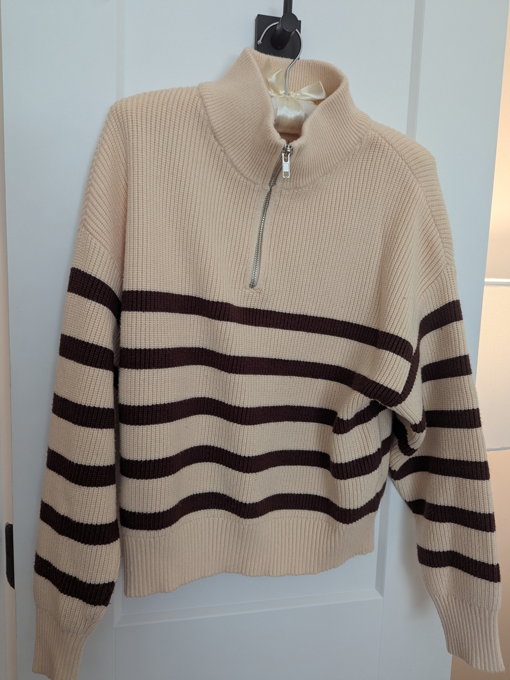 Thread & Supply Cream and Dark Brown Striped Half-Zip Sweater
